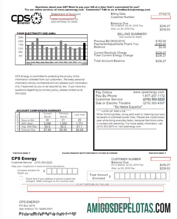 realista Modelo Word e PDF de fatura de serviços públicos CPS ENERGY dos EUA